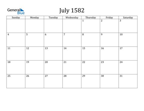July 1582 Calendar Pdf Word Excel