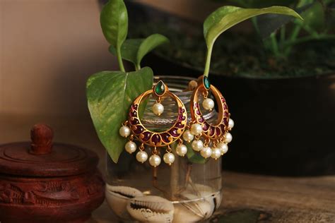 Imitation Real Kemp Stone Chandbali Earrings South India Jewels