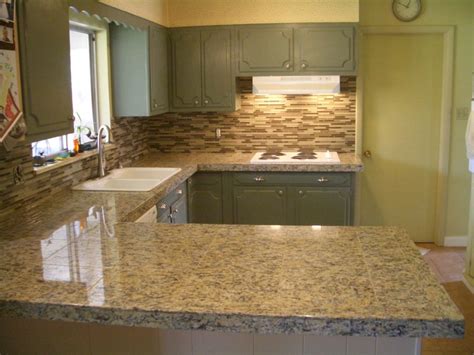 Kitchen Granite Tile Countertop And Glass Backsplash