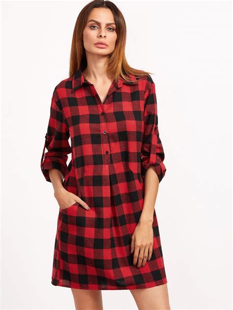 Shop Black And Red Checkered Half Placket Roll Sleeve Shirt Dress