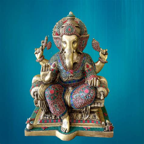 Sitting Lord Ganesha Brass Made Turquoise Work Statue Buy Ganesh Online