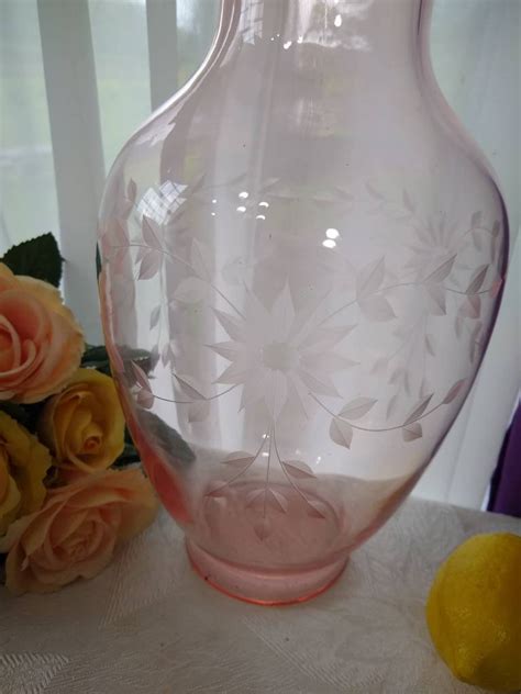 Large Classic Pink Depression Glass Vase Etched Pale Pink Etched Floral 12 Inch Tall 1930 S