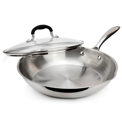 Avacraft 1810 10 Inch Stainless Steel Frying Pan With Lid Side Spouts