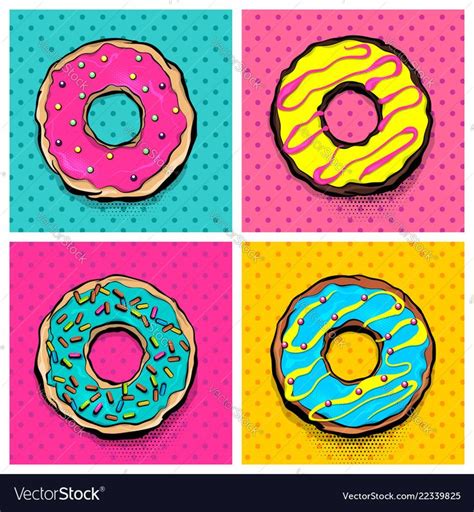 Four Different Colored Donuts With Sprinkles In Pop Art Style On