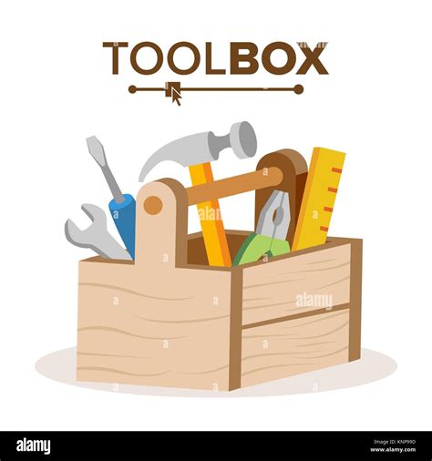 Wooden Classic Toolbox Vector Full Of Equipment Flat Cartoon Isolated