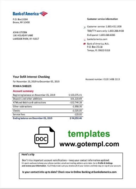 Usa Bank Of America Bank Statement Template In Word Format In 2020