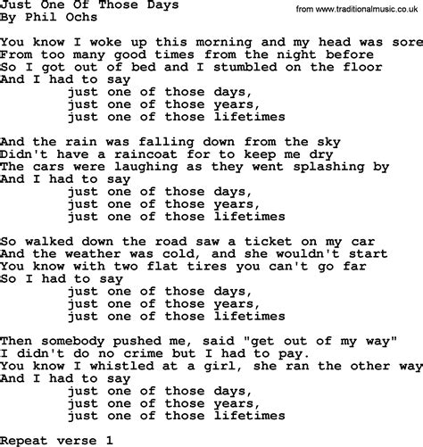 Phil Ochs Song Just One Of Those Days Phil Ochs Lyrics
