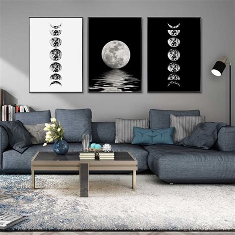 Nordic Moon Phase Full Moon Canvas Posters Black And White Landscape