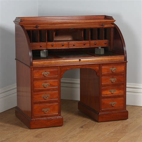 Antique English Edwardian Mahogany And Leather Cylinder Roll Top Writing Pedestal Office Desk