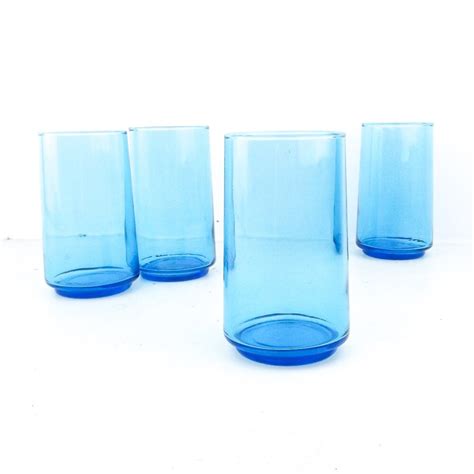 Blue Glass Drinking Glasses Set Of 4 Vintage Glassware Etsy