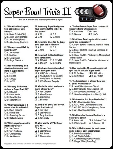 Questions and answers quiz include geography, history, science, music and math. Printable Multiple Choice Super Bowl Trivia to challenge ...