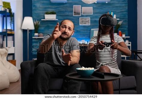 Interracial Couple Playing Vr Glasses Controllers Stock Photo Shutterstock