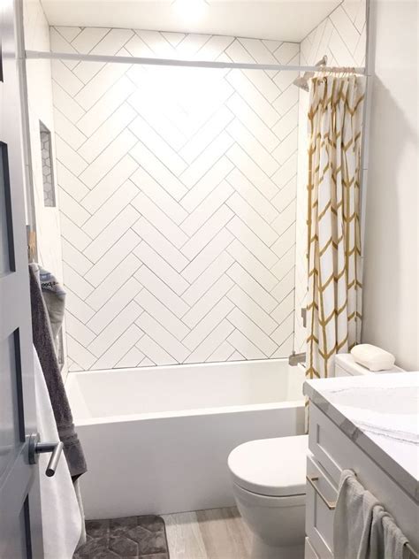 Guest Shower Herringbone White Subway Tile Gray Grout Gold Accent