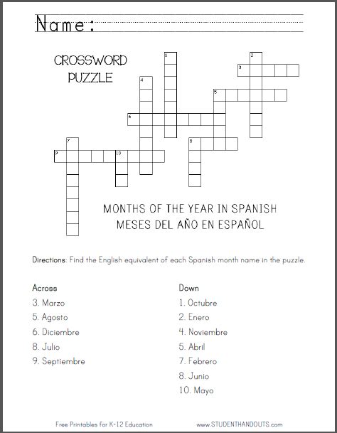 Spanish Months Crossword Puzzle Student Handouts