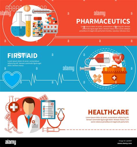 horizontal medical banners with drugs first aid tools and healthcare vector illustration stock