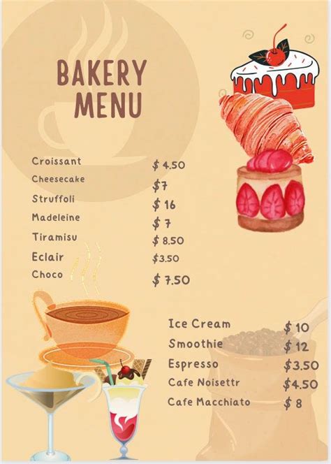 an image of a bakery menu with desserts and drinks on it's side
