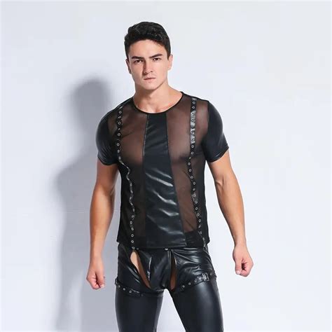 Cfyh 2018 Men Sexy Mesh Leather T Shirts Male Fashion Undershirts Men Tees Tight Shirts Gay