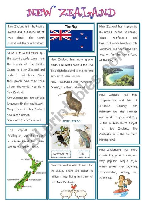 Australia And New Zealand Worksheet - Read and learn about a fascinating country - New Zealand | New zealand