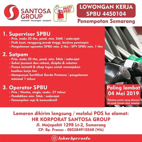 Pada tanggal 7 agustus 2015. Lowongan Kerja SPBU 4450104 April - Mei 2019 - SPV, Satpam, Operator - Semarang - Jatengloker
