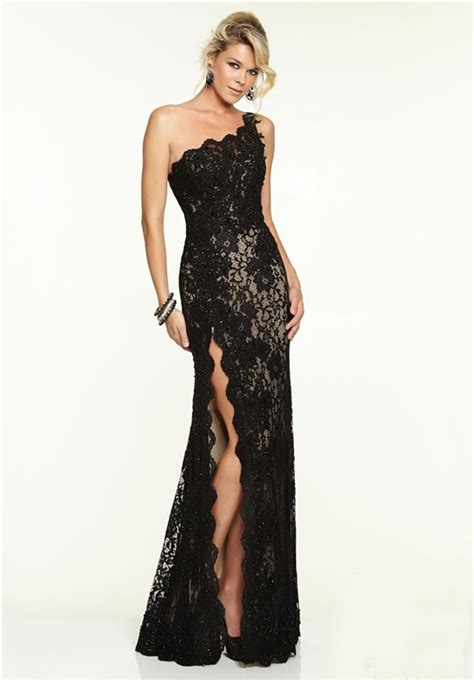 sexy one shoulder high slit long black lace beaded prom dress