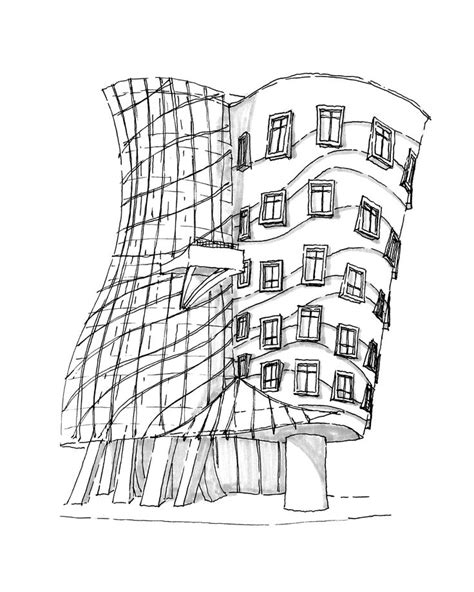 Hand Drawn Perspective Of The Fred And Ginger Building Dancing House