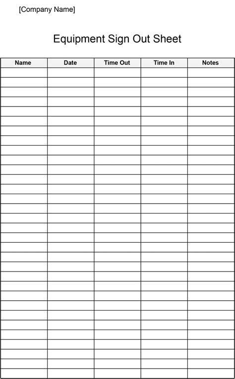Printable Equipment Sign Out Sheet Template