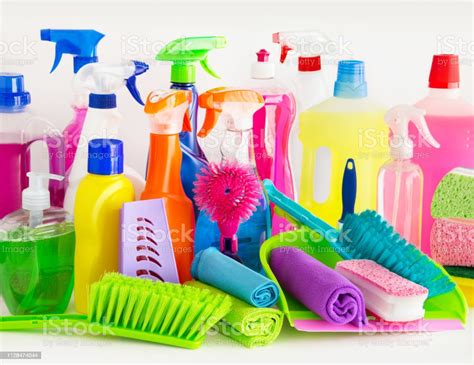 Various Colorful Cleaning Products And Household Supplies Stock Photo ...