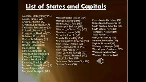 List Of States And Capitals List Of 50 States Youtube
