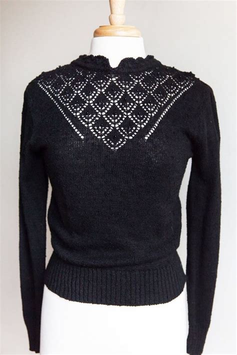 Vintage Crochet Lace High Neck Sweater 1970s 70s Black Lace Etsy