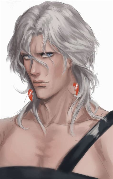 An Image Of A Man With Long White Hair And Red Ear Rings On His Head