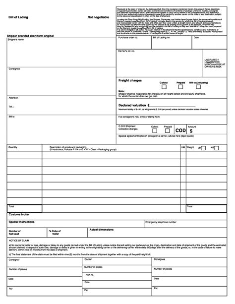 Printable Template Bill Of Lading Form Printable Templates