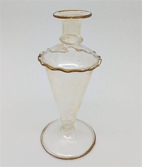 Vintage Clear Glass Bud Vase On Pedestal Gold Gilt Trim Ruffled Fluted