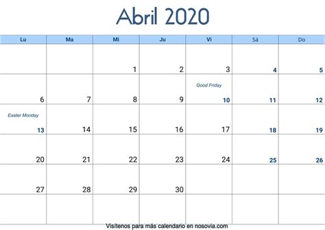 Calendario Abril 2020 Con Festivos Imprimir