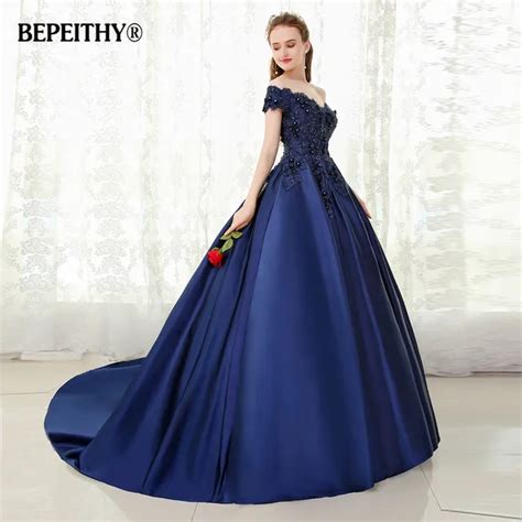 Bepeithy V Neck Navy Blue Long Evening Dress Lace Beaded Vintage Prom