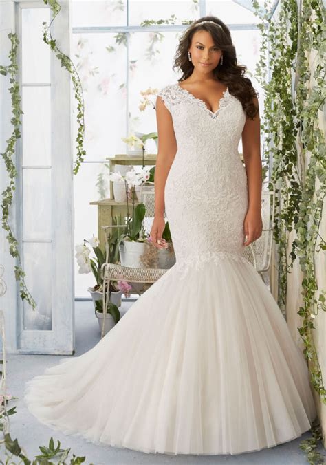 morilee bridal embroidered appliqués on tulle mermaid plus size wedding dress over soft satin