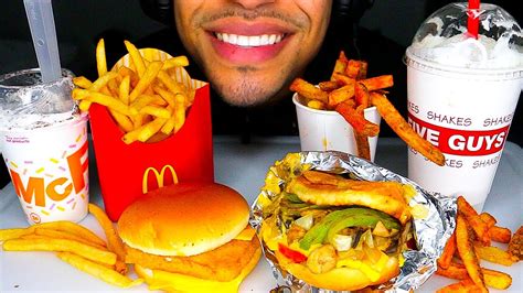 asmr mcdonalds vs five guys burgers and fries eating show mukbang oreo milkshake mcflurry ice