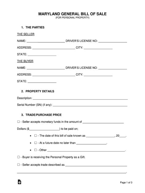 Maryland General Bill Of Sale Form Fill Out And Sign Printable Pdf