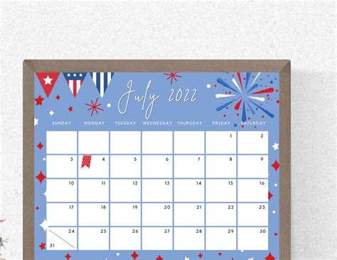 July 2022 Calendar Independence Day Patriotic 4th Of July Etsy