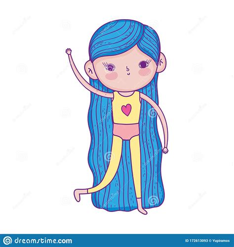 Smiling Little Girl With Long Blue Hair Cartoon Character Stock Vector