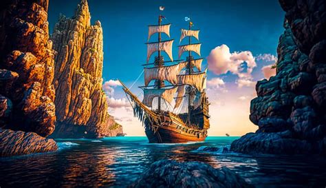 Painting Of Pirate Ship In The Ocean Generative Ai Stock Illustration