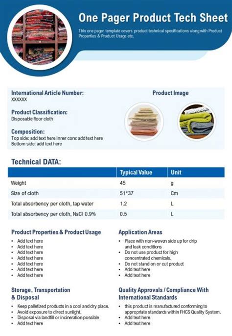 One Pager Product Tech Sheet Presentation Report Infographic Ppt Pdf