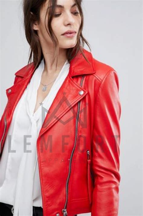 Good Product Online Red Womens Moto Lambskin Real Leather Jacket