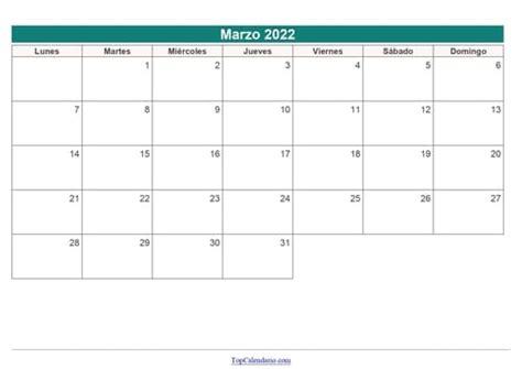 Calendario Marzo 2022 Para Imprimir Mensual