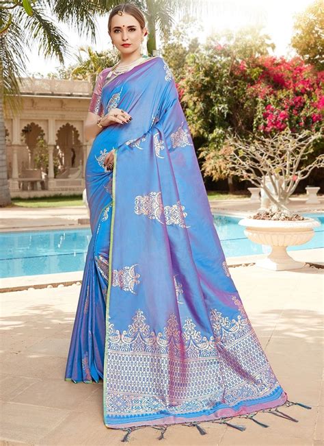 Zari Work Sky Blue Kanjivaram Silk Traditional Saree Saree Designs