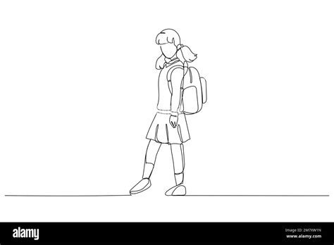 Cartoon Of Happy Schoolgirl Goes To School One Continuous Line Art