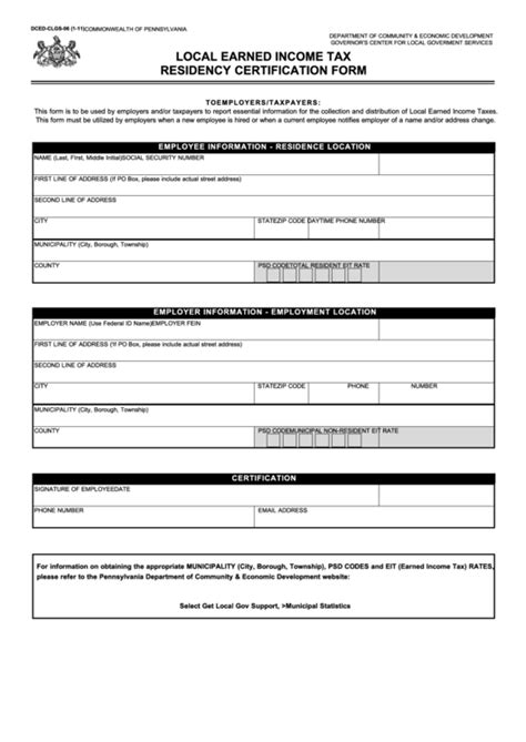 Fillable Local Earned Income Tax Residency Certification Form Printable