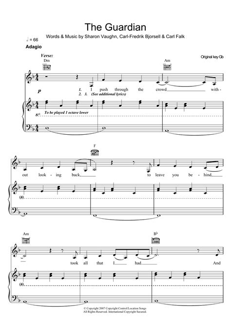 The Guardian Sheet Music Delta Goodrem Piano Vocal And Guitar Chords