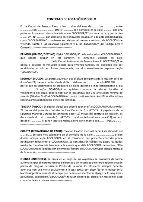 Contrato DE Locación Modelo CONTRATO DE LOCACIÓN MODELO En la Ciudad de Buenos Aires a los