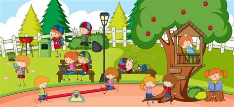 Playground Scene With Many Kids Doodle Cartoon Character Stock Vector