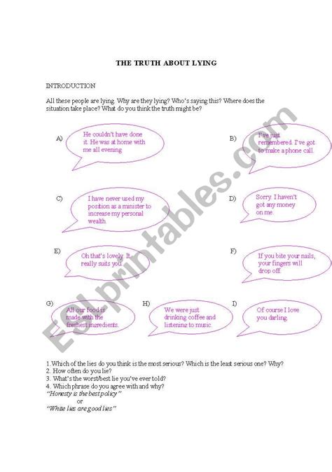 Behavior Worksheets For Kids And Teens The Lying Game Esl Worksheet